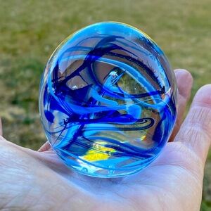Glass Cobalt Blue Spiral Round Paperweight, Vintage Desk Decor, Swirl Design